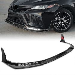 For 2021-2024 Camry SE XSE Painted Black LED Sequential Lights Front Bumper Lip -(2-PU-212-LED-PBK