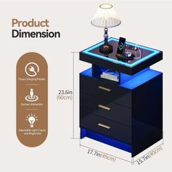 🥨Night Stand with Charger Station, LED Lights Bedside Table with 3 Drawers and 3 Open Compartments,Modern End Side Table with Glass Top,Nightstand