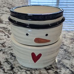 Holiday Snack Bowl 2 x 4 Inch Ceramic Stoneware Snowman With Red Heart