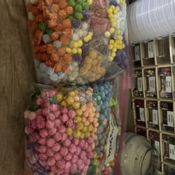 2 Gallon Bags Of Different Color And Sizes Of Pompom