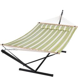 SUNCREAT Portable Double Hammock with Stand, 475 lbs Capacity, Heavy Duty Two Person Hammock with Stand Included, Green Stripe