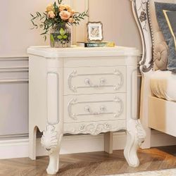 White Nightstand, End Table with 2 Drawers, Carved Bedside Tables, Side Table for Bedroom, Classic Bedroom Furniture, Night Stand White