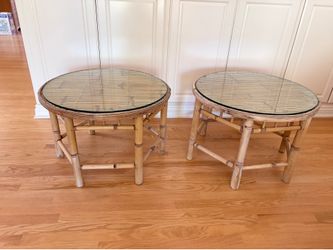 Vintage Bamboo & Rattan Round Side Tables with Glass Tops – Set of 2