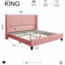 KING pink upholstered bed frame with a channel-tufted headboard