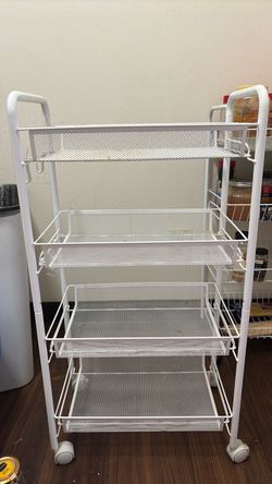 White Metal Mesh Rolling Storage Cart