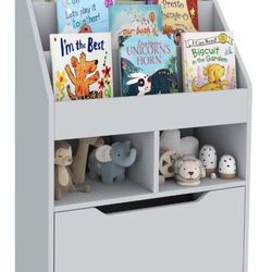 Large Light Gray Kids 3 Tier Book Shelf Storage Cabinet with Storage Shelves and Drawer - New in Box 