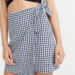 Abercrombie & Fitch Linen Cotton Wrap Skirt Navy Blue Checker Gingham