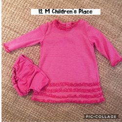 12 M baby girl, dress and diaper cover, soft knit, pink stripes self ruffles
