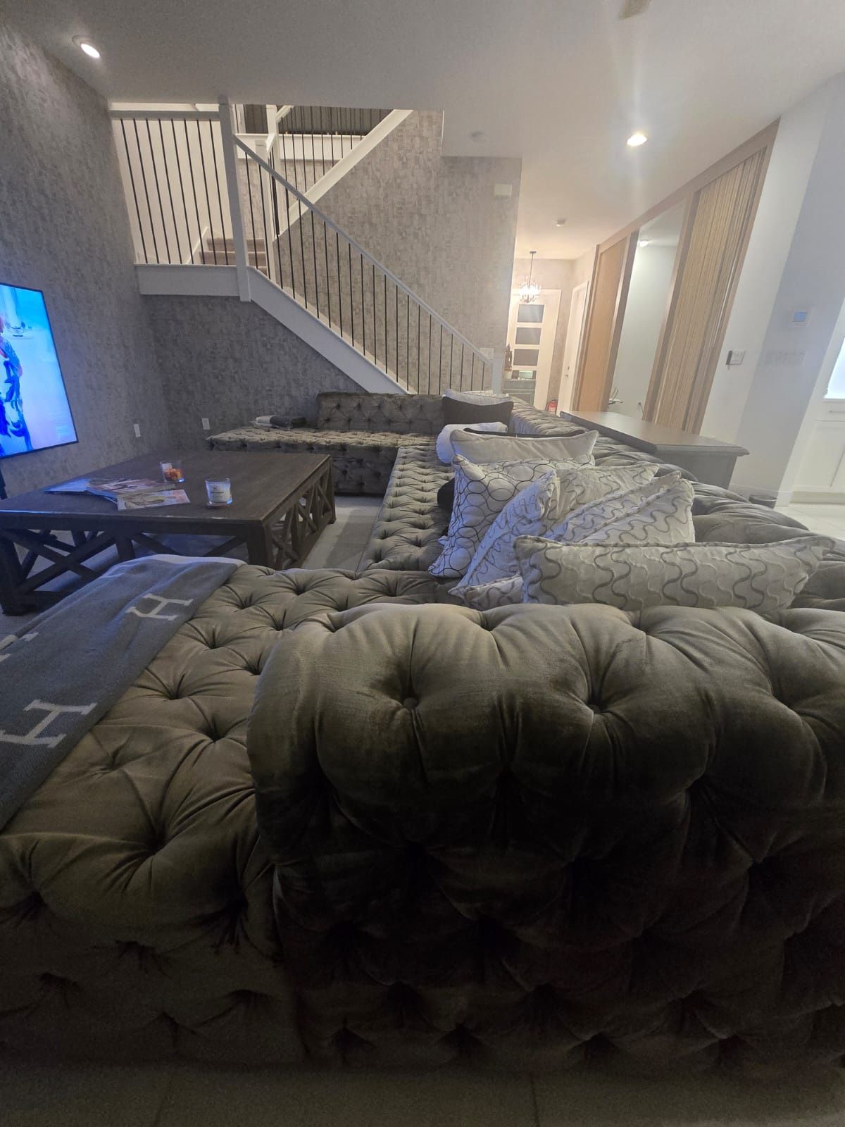 Grey Luxury L shaped Suede Buttoned Large Couch
