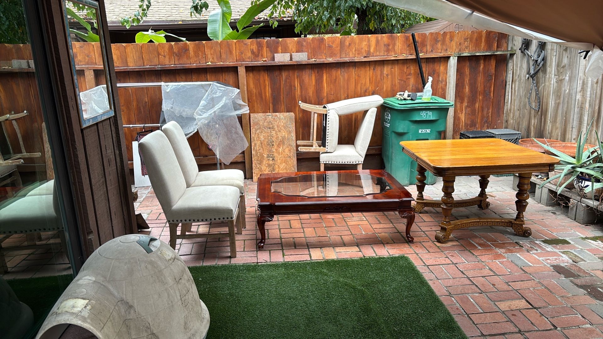 Antique Coffee Table With Tinted Glass Wood Table, High Back Chair 4 Each