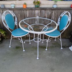 Vintage Mid Century Wrought Iron Bistro Set With Aqua Blue Coushins 