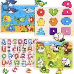 New In Box Wooden Peg Puzzles for Toddler,4Pack Montessori Toys Learning Puzzles with Animals,Shapes,Alphabet