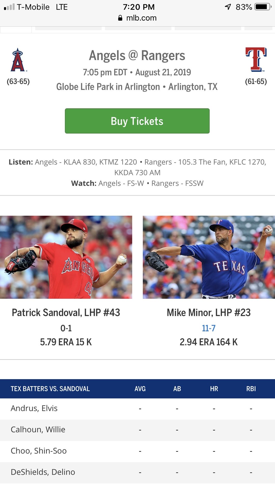 4 Texas Rangers Tickets