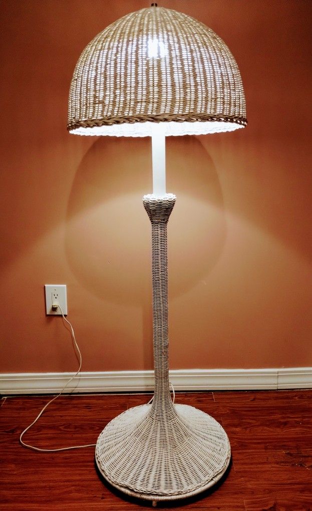 Vintage 1960s Wicker Floor Lamp With Dome Mushroom Shaped Lampshade in White