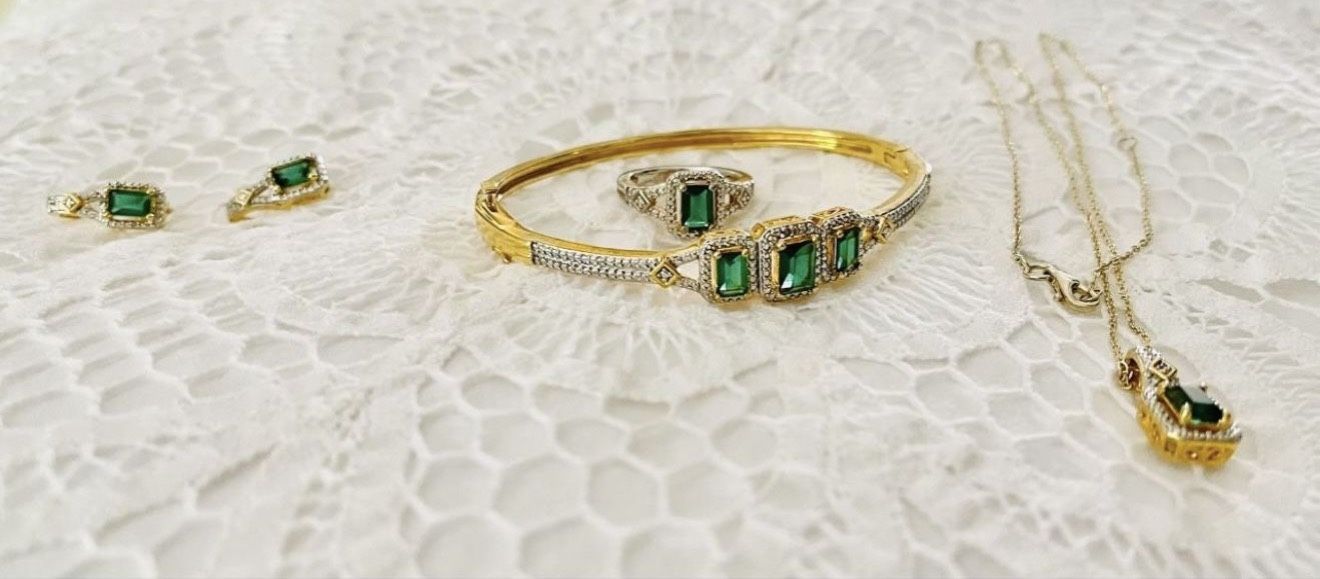 Jewelry Set With Pendant - Gold Plated - Silver Simulated Emerald $85.00