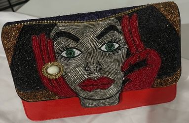 Vintage Bradley Chicago Hand-Beaded Face Art Shoulder Bag Purse Red Collectibl