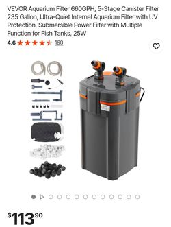 VEVOR Aquarium Filter 660GPH, 5-Stage Canister Filter 235 Gallon, Ultra-Quiet Internal Aquarium Filter with UV Protection, Submersible Power Filter wi