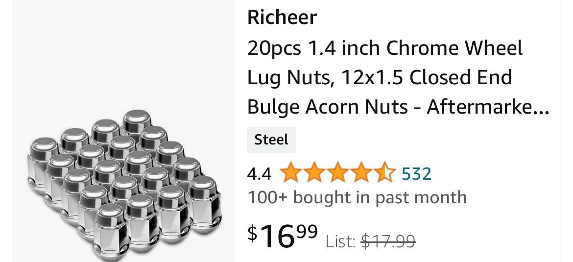 Richeer 20pcs 1.4 inch Chrome Wheel Lug Nuts, 12x1.5 Closed End Bulge Acorn Nuts - Aftermarket Tuner for Accord Civic Eleme