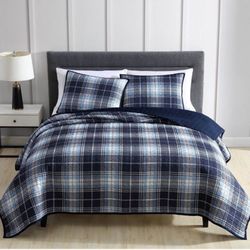 🎁 $30 Riverbrook Home Plaid Coverlet Bedding Set FULL/ QUEEN 3 piezas NAVY BLUE🆕Z14