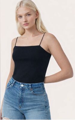 Hollister Slim Tan black ribbed spaghetti strap square neck bodysuit, size S