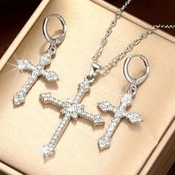 3-Pcs 14K White Gold Plated Cubic Zirconia Cross Necklace And Earrings 