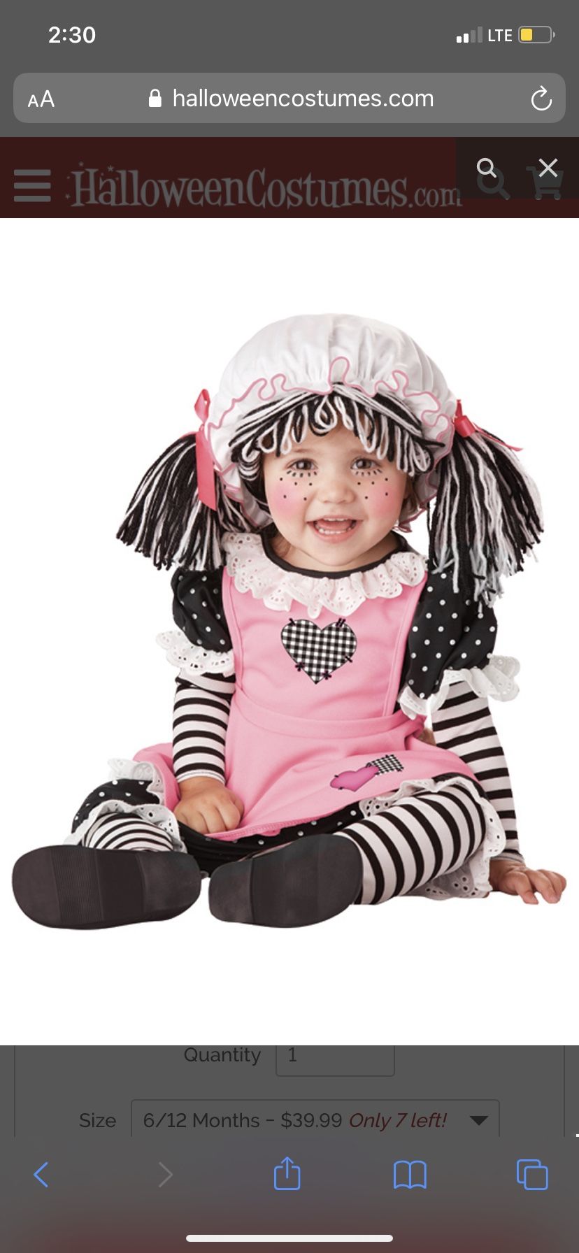 6-12 months Rag Doll Costume