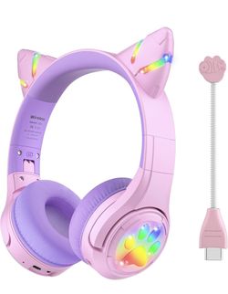 Riwbox CF9 Cat Ear Kids Bluetooth Headphones with LED Light Up,Safe 85dB Volume Limit,Built-in Mic&Boom Mic for Calls,Kids Wireless&Wired Headphones f