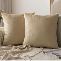 Pack of 4 Velvet Soft Solid Decorative Square Throw Pillow Covers Set Cushion Case for Spring Sofa Bedroom Couch 20x20 Inch Beige