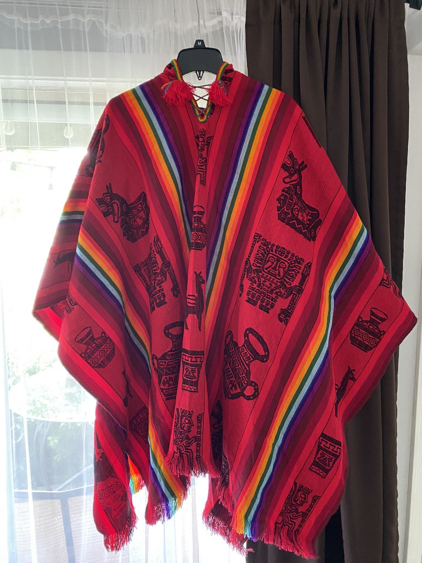 Hooded Red and Rainbow Stripes Poncho one size Like New