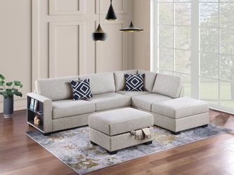 Sectional W Storage Ottoman Sofa w Shelf, Beige Boucle fabric. New Especial price 