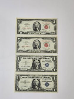 Antique U.S Red Seal , Blue Seal One & Two Dollars Banknotes / Uncirculated