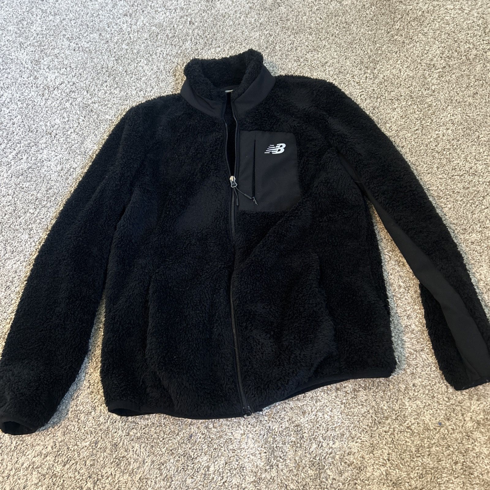 New Balance Womens Fleece Jacket Sherpa Black Zip Front Pockets Elastic Hem M