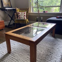 Vintage Danish Rectangle Glass And Wood Coffee Table 