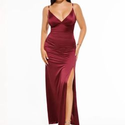 Shapewear Satin Deep-V Front Slit Maxi Date Night Shapewear Dress