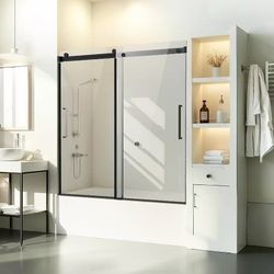 2700 #R4 Frameless Sliding Bathtub Door, 56-60" W x 60" H, Frameless Shower Glass Door, Frameless Double Sliding Tub Door with 5/16 in Clear Tempered 