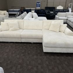Super Soft Cream White Corduroy Sectional Couch 