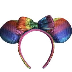Disney Parks Vibrant Rainbow Sequin Minnie Mouse Headband Ears Celebrate Pride