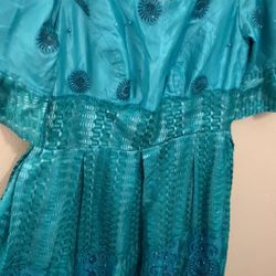 Handmade Teal Embroidered Dress — Tailored, Size ~12–14