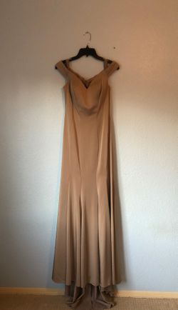 Mermaid, off-the shoulder, nude, satin evening gown Size Medium
