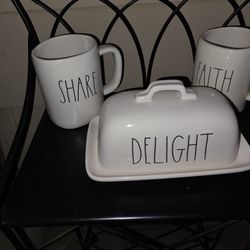 Rae Dunn 2 Mugs & Butter Keeper