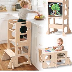 Woodure 4-in-1 Toddler Kitchen Step Stool, Foldable Learning Standing Tower with Blackboard, Wooden Kitchen Stool Helper for Kids, 1-3 Year Old Boy Gi