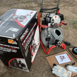RIDGID K-400 Drain Cleaning Snake Auger 120-Volt Drum Machine with C-32 W 3/8 in. x 75 ft. Cable + 4-Piece Tool Set & Gl
