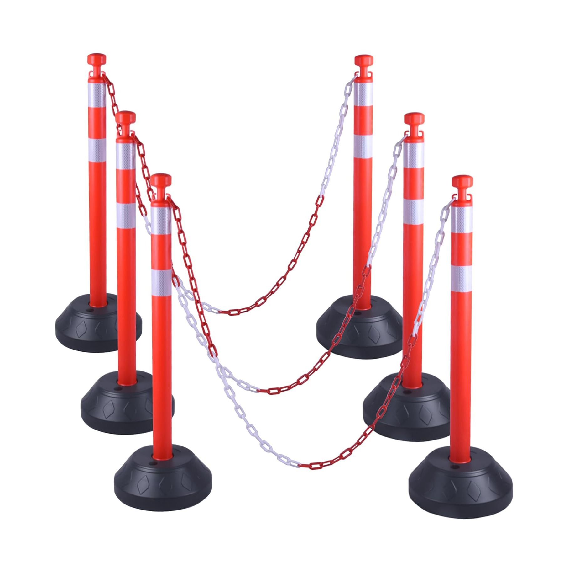 New 6 Packs Traffic Delineator Post Cones, 40” Driveway Chain Safety Barriers with Water Fillable Base, 6 x 6.6 Ft Plastic Chains, Crowd Control Stanc