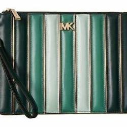 Michael Kors Leather Racing Green & Gold Medium Zip Pouch Wristlet Wallet New