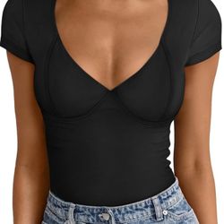 Trendy Queen Womens V Neck Going Out Tops Short Sleeve Slim T-Shirts Basic Y2K Clothes 2024