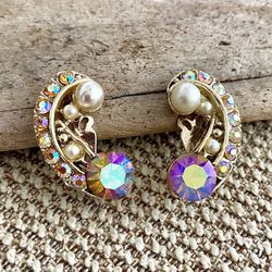 60s Crescent Shaped Aurora Borealis Crystal & Faux Pearl Clip-On Earrings