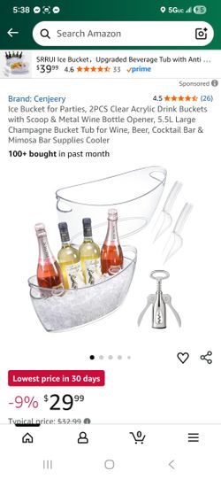 Ice Bucket for Parties, 2PCS Clear Acrylic Drink Buckets with Scoop & Metal Wine Bottle Opener, 5.5L Large Champagne Bucket Tub for Wine, Beer, Cockta
