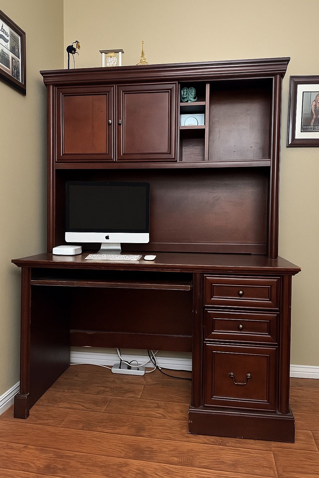 Dark Cherry Wood Office Desk with Hutch (USED)