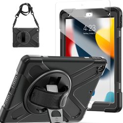 IPad Case 9th/8th/7th Generation With Screen Protector For Kids | Military Grade Shockproof Protective With Stand Hand Shoulder Strap Cover For IPad 9