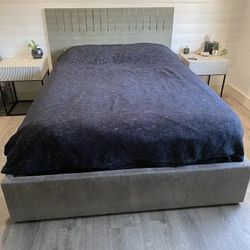 Crate & Barrel - 3 Drawer Upholstered Bed Frame + Headboard (Queen Size)